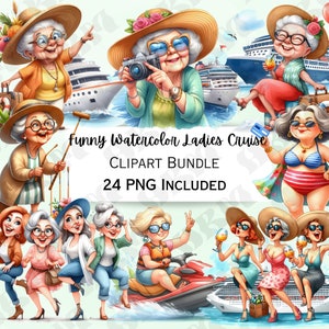 Funny Watercolor Old Lady Cruise Clipart Bundle, Grandma Sticker, Adorable Travel Themed Graphics, Whimsical PNG for Sublimation