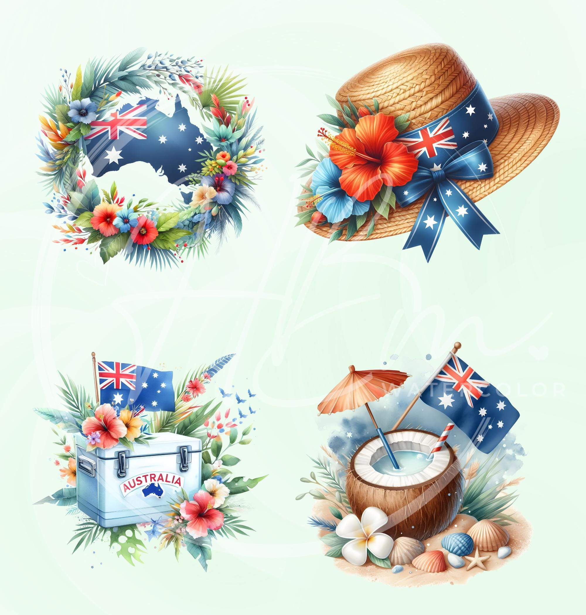 Tropical Australia Day Clipart Bundle, Watercolor Summer Party Decor ...