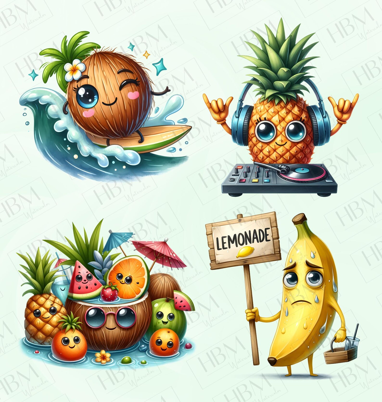 Quirky Tropical Fruit Clipart Bundle, Funny Summer Characters PNG