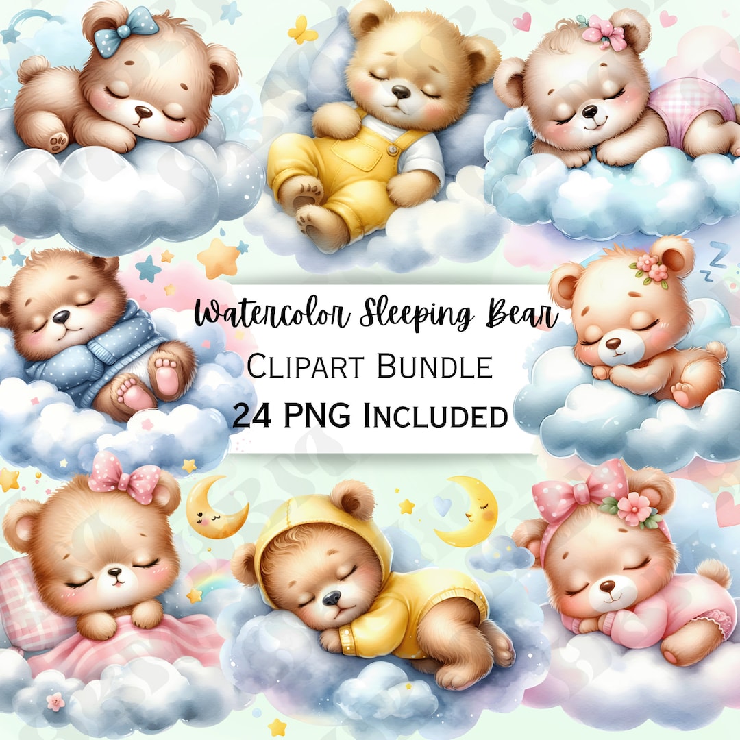 Cute Watercolor Sleeping Bear Clipart Bundle, Teddy Nursery Decor ...