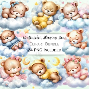 Lot de cliparts aquarelle mignon ours endormi, décoration de chambre d'enfant en peluche, art mural bébé endormi, baby shower, 24 modèles PNG de rêve