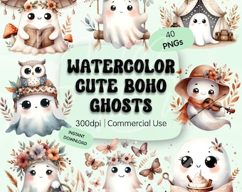 Pacote de clipart de fantasma boho em aquarela PNG, ilustrações fofas de espíritos de Halloween, download digital estético de outono, uso comercial