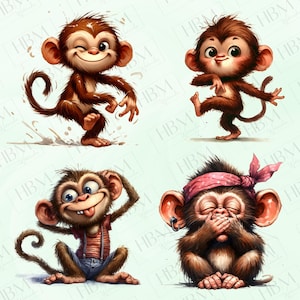 May include: Four cartoon monkeys in various poses. One winks, another walks, a third sticks out its tongue, and the last covers its mouth with a pink bandana. The monkeys are brown with large ears and expressive eyes.