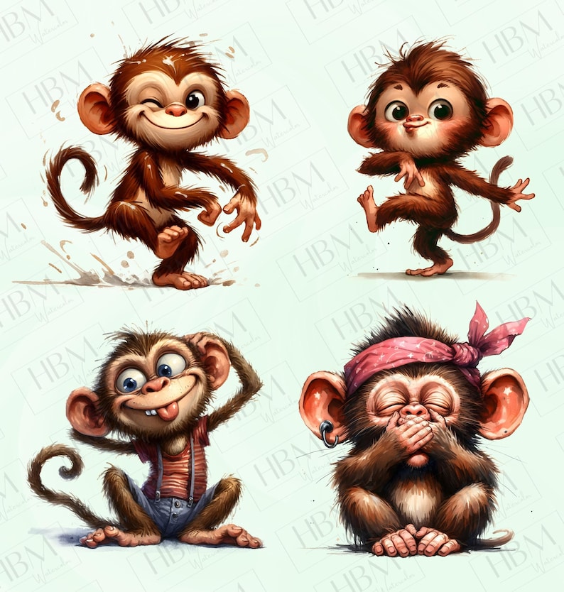 May include: Four cartoon monkeys in various poses. One winks, another walks, a third sticks out its tongue, and the last covers its mouth with a pink bandana. The monkeys are brown with large ears and expressive eyes.