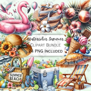 Peut inclure: Ensemble de clipart d'été aquarelle avec 24 images PNG incluses. L'ensemble comprend un flotteur de flamant rose, une chaise de plage, une glacière, un chapeau, des tongs, un parasol de plage, un sac de plage, un cornet de glace et une planche de surf.