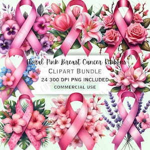 Paquete de imágenes prediseñadas de lazo rosa con motivos florales contra el cáncer de mama, en octubre usamos gráficos de color rosa, lucha como una niña PNG para decoración, uso comercial