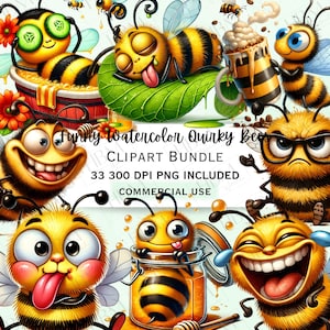 Bundle de cliparts aquarelle original abeilles insolites, autocollant personnages insectes, bourdonnement lunatique idiot PNG pour invitations, usage Commercial