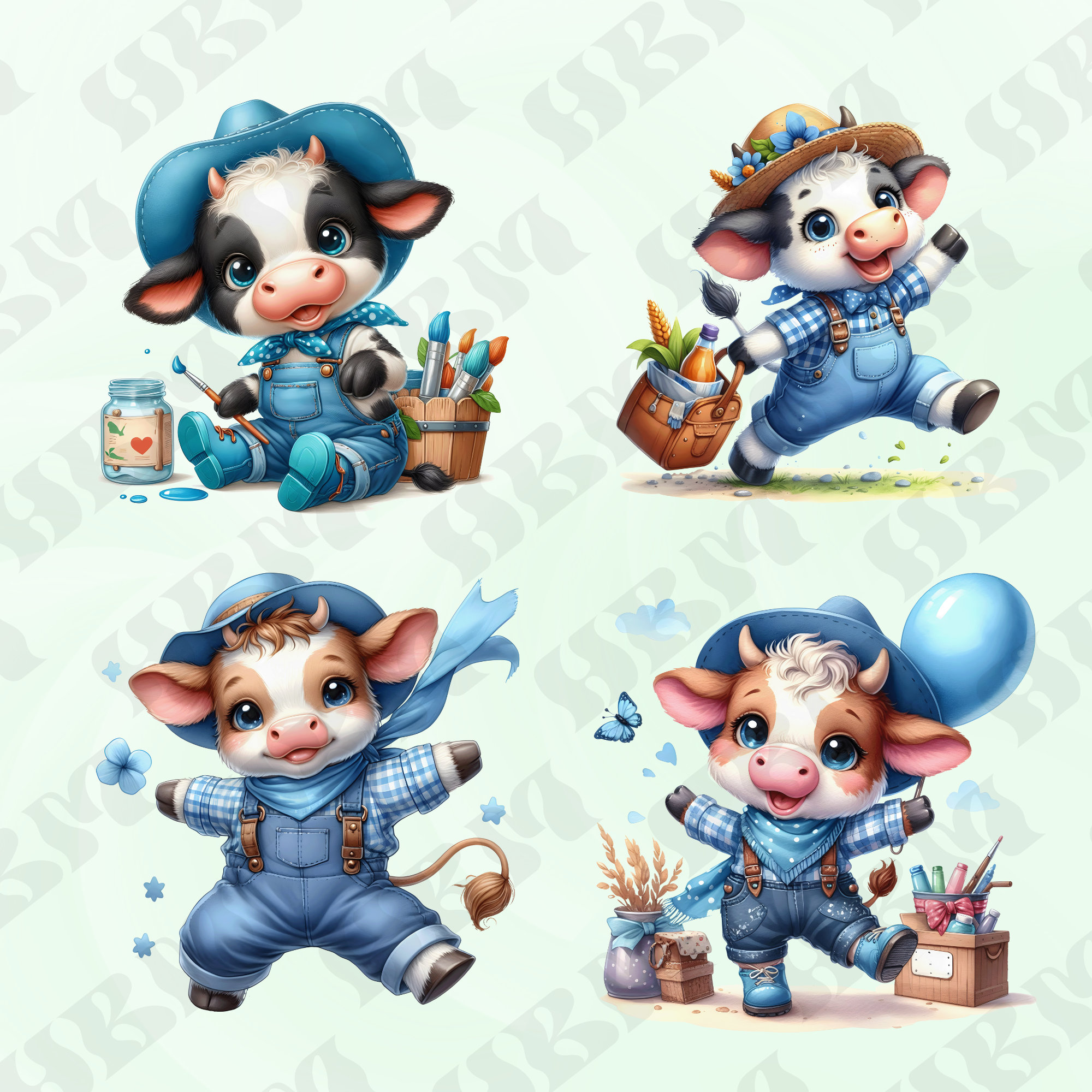 Funny Cute Watercolor Farm Cows Clipart Bundle, Whimsical Animals ...