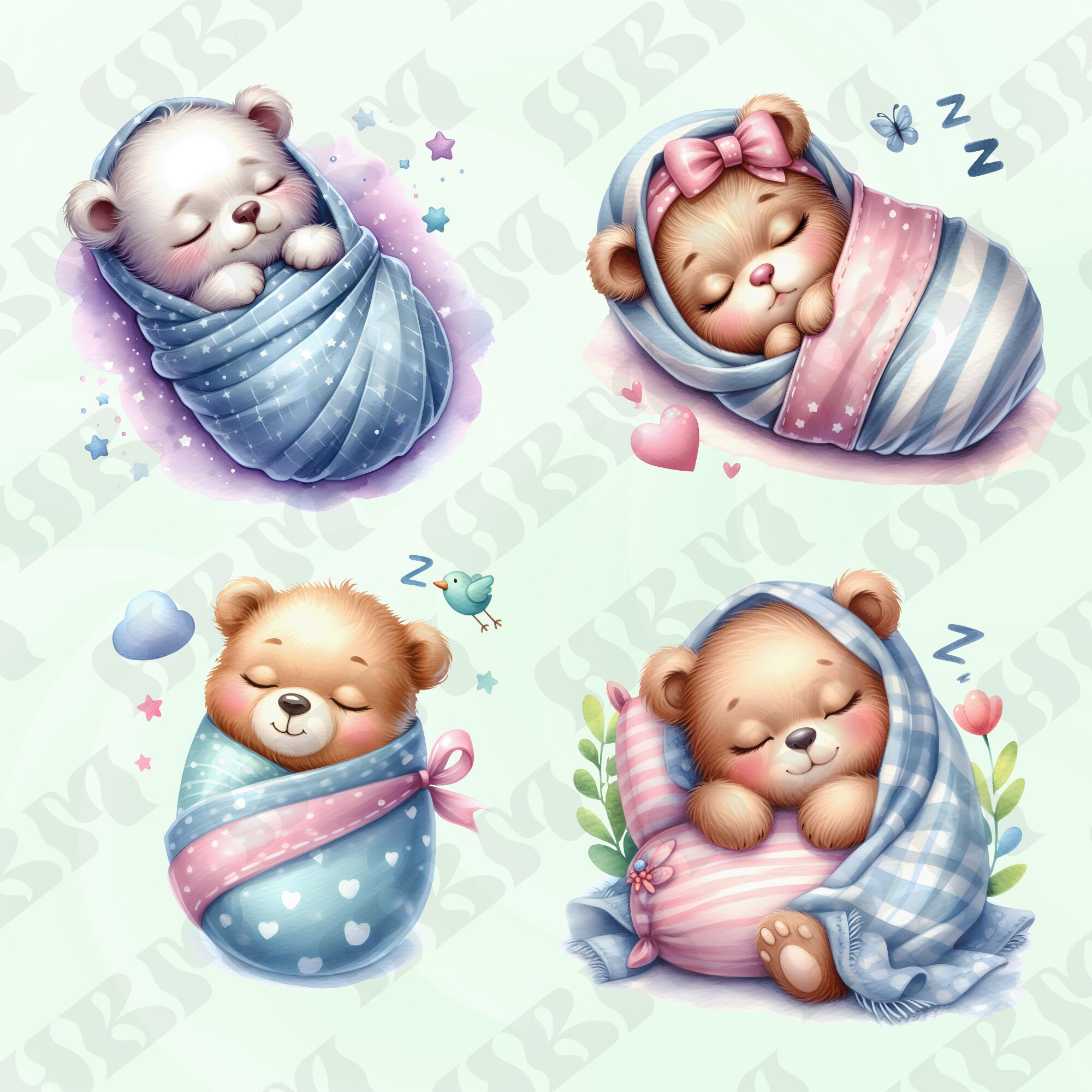 Cute Watercolor Sleeping Bear Clipart Bundle, Teddy Nursery Decor ...