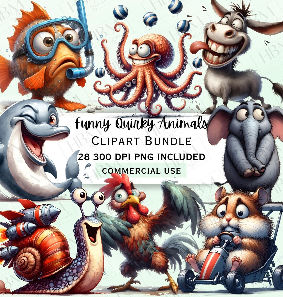 Funny Watercolor Quirky Animals Clipart Bundle, Humorous Whimsical ...