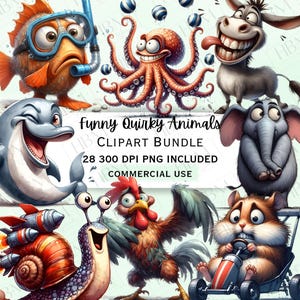 Lustiges Aquarell schrullige Tiere Clipart Bundle, humorvoller wunderlicher Aufkleber, dumme Charaktere PNG, transparenter Hintergrund, kommerzielle Nutzung
