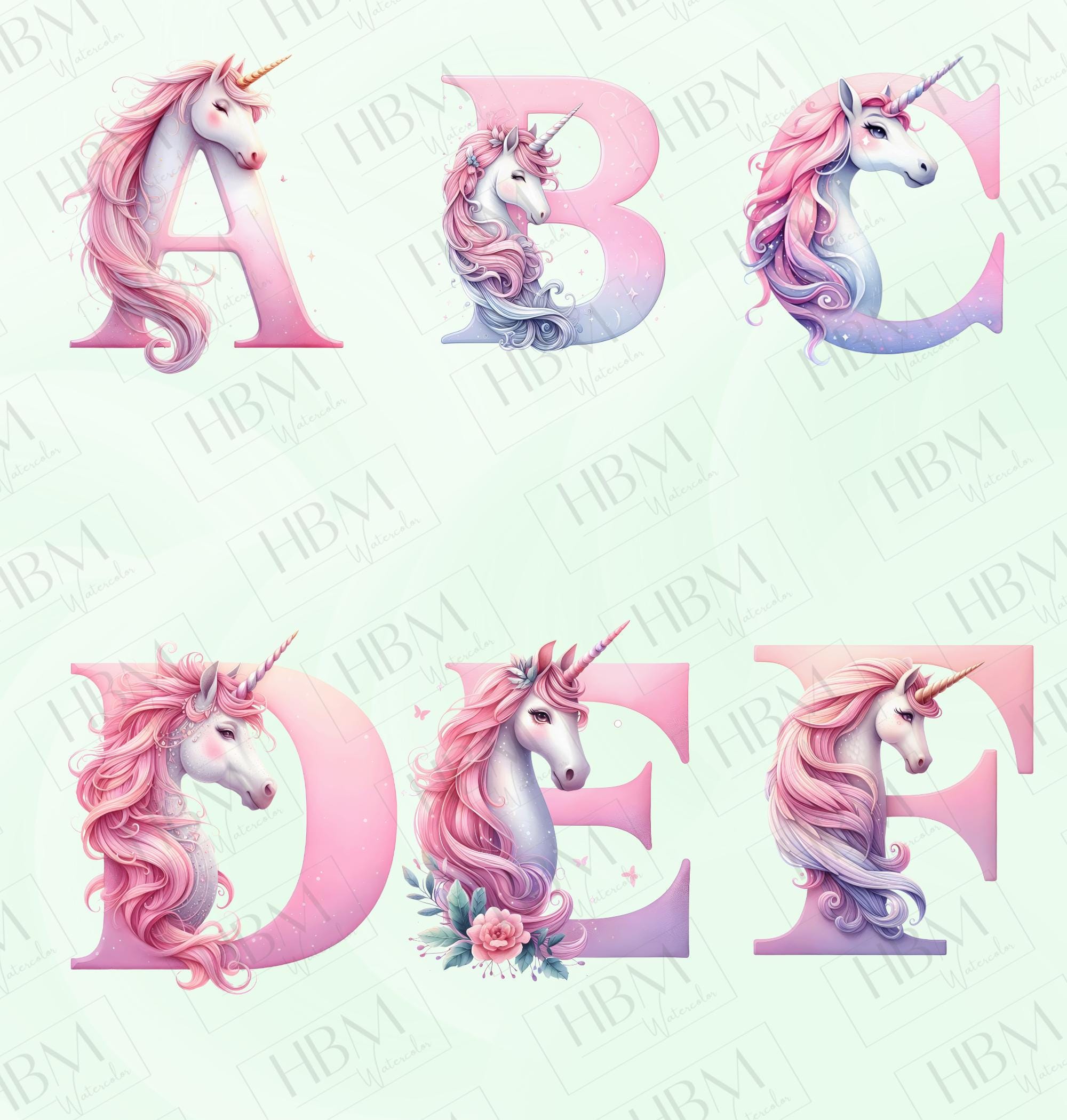 Watercolor Unicorn Alphabet Clipart Bundle, Whimsical Number Graphics ...