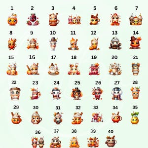 May include: A collection of 40 watercolor illustrations of fall-themed beverages and treats. Each design features a unique character, including pumpkins, mugs, and glasses, with autumn leaves and accessories. The images are numbered 1 through 40.