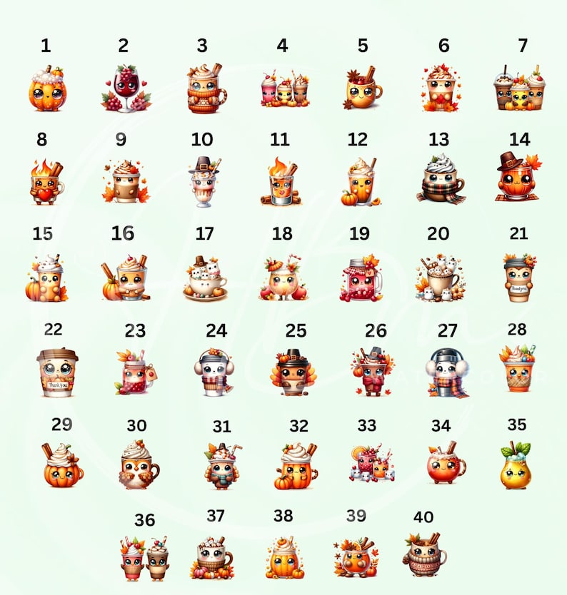 May include: A collection of 40 watercolor illustrations of fall-themed beverages and treats. Each design features a unique character, including pumpkins, mugs, and glasses, with autumn leaves and accessories. The images are numbered 1 through 40.