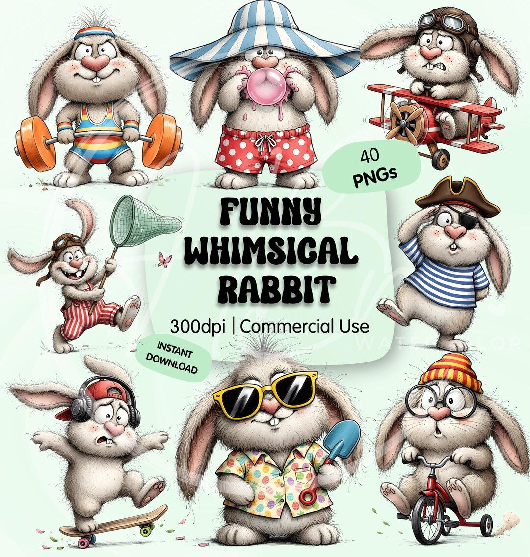 Funny Whimsical Rabbit PNG Clipart Bundle, Cute Bunny Graphics, Kawaii ...