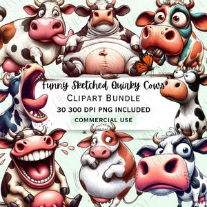 Bundle de cliparts drôle de croquis vaches originales, sticker bovin lunatique humoristique, personnage idiot de taureau PNG, fond Transparent, usage Commercial