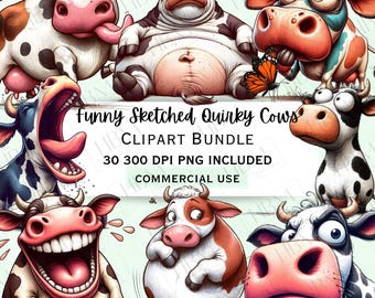 Funny Sketch Quirky Cows Clipart Bundle, Humorous Whimsical Bovine Sticker, Silly Bull Character PNG, Transparent Background, Commercial Use