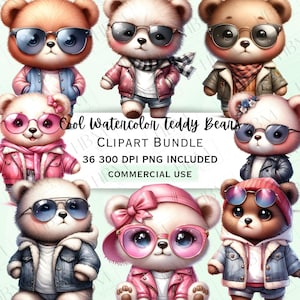 Coole Aquarell Teddybären Clipart Bundle, stilvolle Mode-Bären PNG, niedlichen Hipster digitaler Download, transparenten Hintergrund, kommerzielle Nutzung