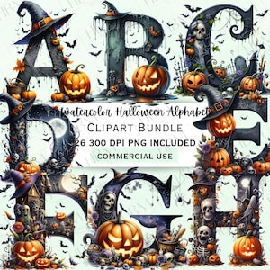 Pode incluir: Um pacote de cliparts de alfabeto de Halloween em aquarela com as letras de A a G. Cada letra é decorada com abóboras, chapéus de bruxa, morcegos e elementos assustadores. A imagem inclui o texto "Watercolor Halloween Alphabet CLIPART BUNDLE 26 300 DPI PNG INCLUDED COMMERCIAL USE."