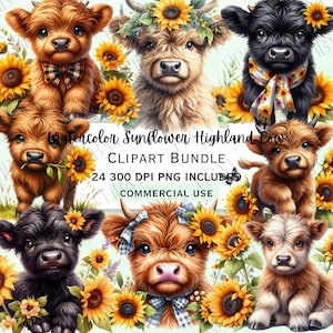 Aquarell Sonnenblume Highland Kalb Clipart Bundle, niedlicher Blumen Stier Aufkleber, entzückende Blumen Baby Kuh Wandkunst, kommerzielle Nutzung