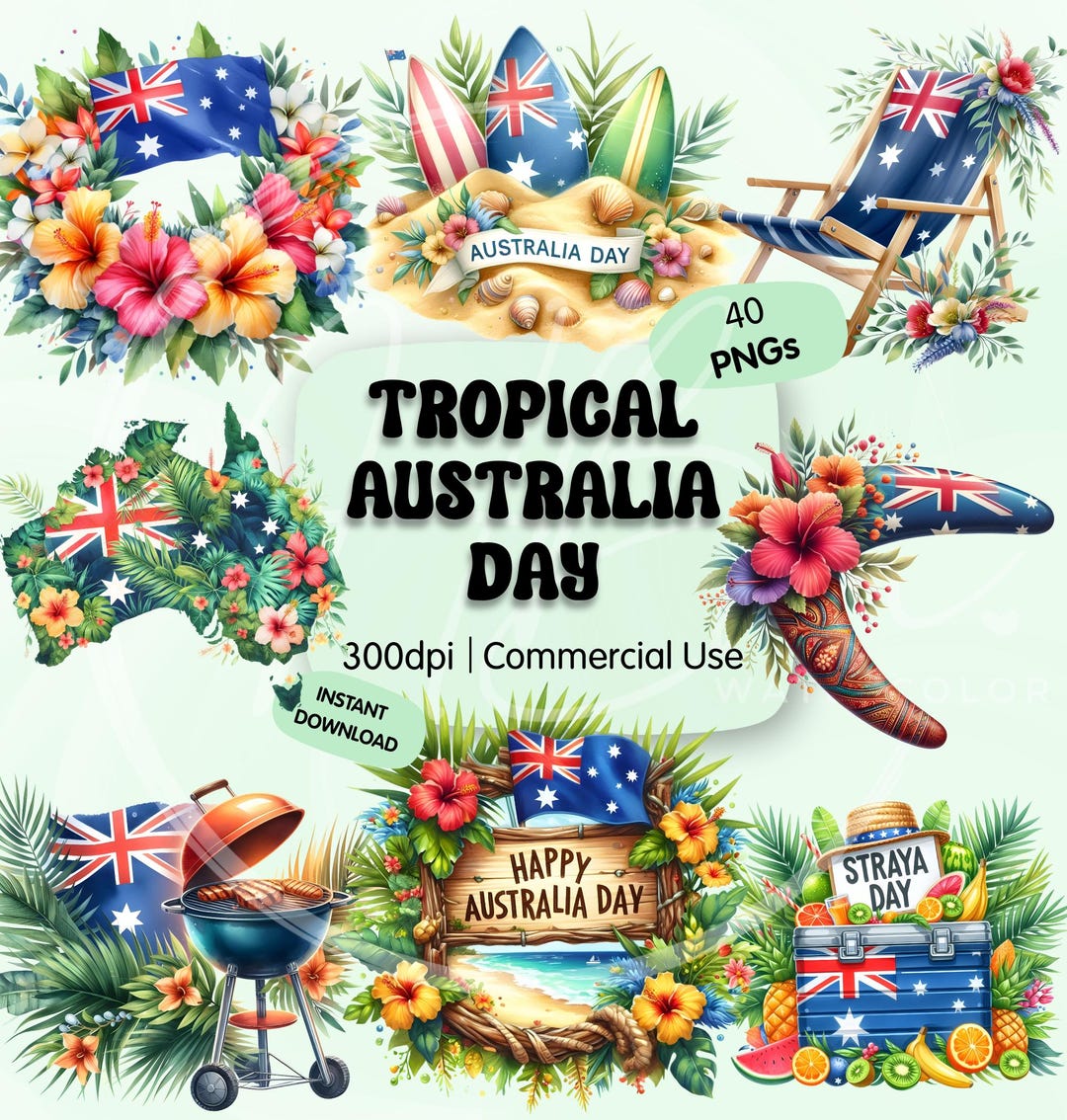 Tropical Australia Day Clipart Bundle, Watercolor Summer Party Decor ...