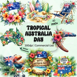 May include: A collection of watercolor illustrations with an Australian theme. Includes images of the Australian flag, surfboards, a beach chair, a map of Australia, a barbecue grill, and tropical flowers. Text includes "Tropical Australia Day" and "Happy Australia Day".