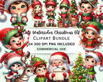 Cute Watercolor Elves Clipart Bundle, Festive Elf Graphics, Adorable Winter Christmas, Festive Xmas Holiday PNG, Commercial Use