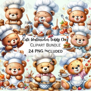 May include: A set of 24 watercolor clipart images featuring cute teddy bears dressed as chefs. The bears are holding various baking and cooking items, such as a rolling pin, a whisk, a spatula, a bowl of cookies, a plate of pancakes, and a pizza slice. The clipart is perfect for creating fun and whimsical designs for cards, invitations, scrapbook pages, and other craft projects.