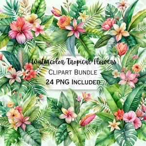 Bundle de cliparts aquarelle fleurs tropicales, graphiques floraux d'été, plantes exotiques de mariage, éléments de design vibrants, téléchargement numérique