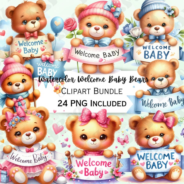 Watercolor Welcome Baby Bear Clipart Bundle, Cute Teddy Nursery Decor, Pink Baby Wall Art, Infant Shower, 24 Banner PNG Designs