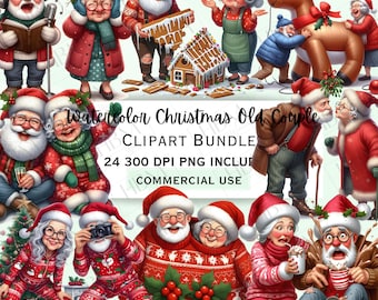 Funny Watercolor Christmas Old Couple Clipart Bundle, Whimsical Grandma Stickers, Adorable Festive Grandpa PNG for Decor, Commercial Use