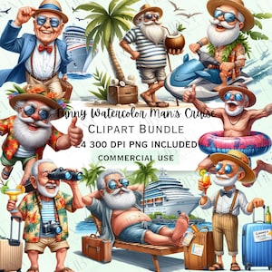 Lustiges Aquarell alter Mann Kreuzfahrt-Clipart-Bündel, schrulliger Opa-Aufkleber, Reise-Themen Grafik, wunderliche PNG für Sublimation, kommerzielle Nutzung
