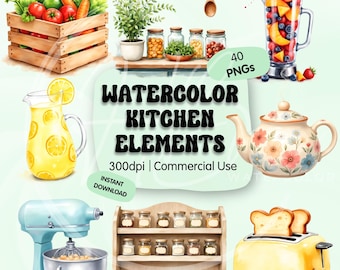 May include: Watercolor illustration of kitchen elements, including a wooden crate of vegetables, a blender with fruit, a teapot, a stand mixer, a spice rack, and a toaster. The image also features a pitcher of lemonade and wooden spoons.