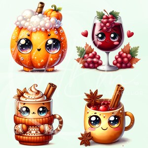 May include: A collection of four watercolor illustrations featuring cute, anthropomorphic food and drink items. Includes a pumpkin spice latte, a glass of red wine with grapes, a pumpkin spice drink, and a mug of mulled wine with cinnamon sticks and star anise.
