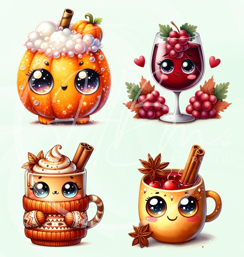 May include: A collection of four watercolor illustrations featuring cute, anthropomorphic food and drink items. Includes a pumpkin spice latte, a glass of red wine with grapes, a pumpkin spice drink, and a mug of mulled wine with cinnamon sticks and star anise.
