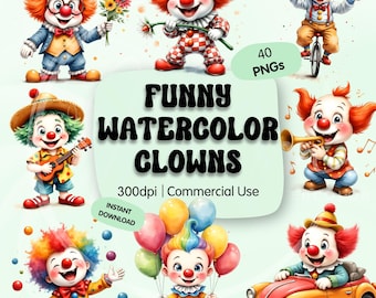 Funny Watercolor Clown Clipart Bundle, Circus Birthday Cartoon Art, Cute Clowns with Balloons Juggling PNGs, Commercial Use