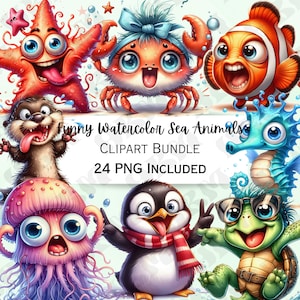 Lot de cliparts aquarelle drôle mignon animaux marins, autocollant poisson, décorations adorables de phoque, PNG fantaisiste pour invitations, carte de voeux