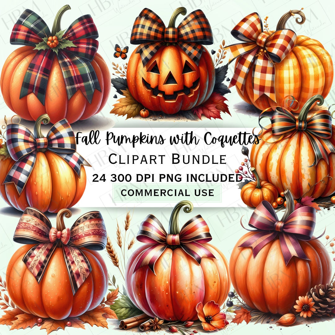 Fall Pumpkin With Coquette Bow Clipart Bundle, Halloween Sticker ...
