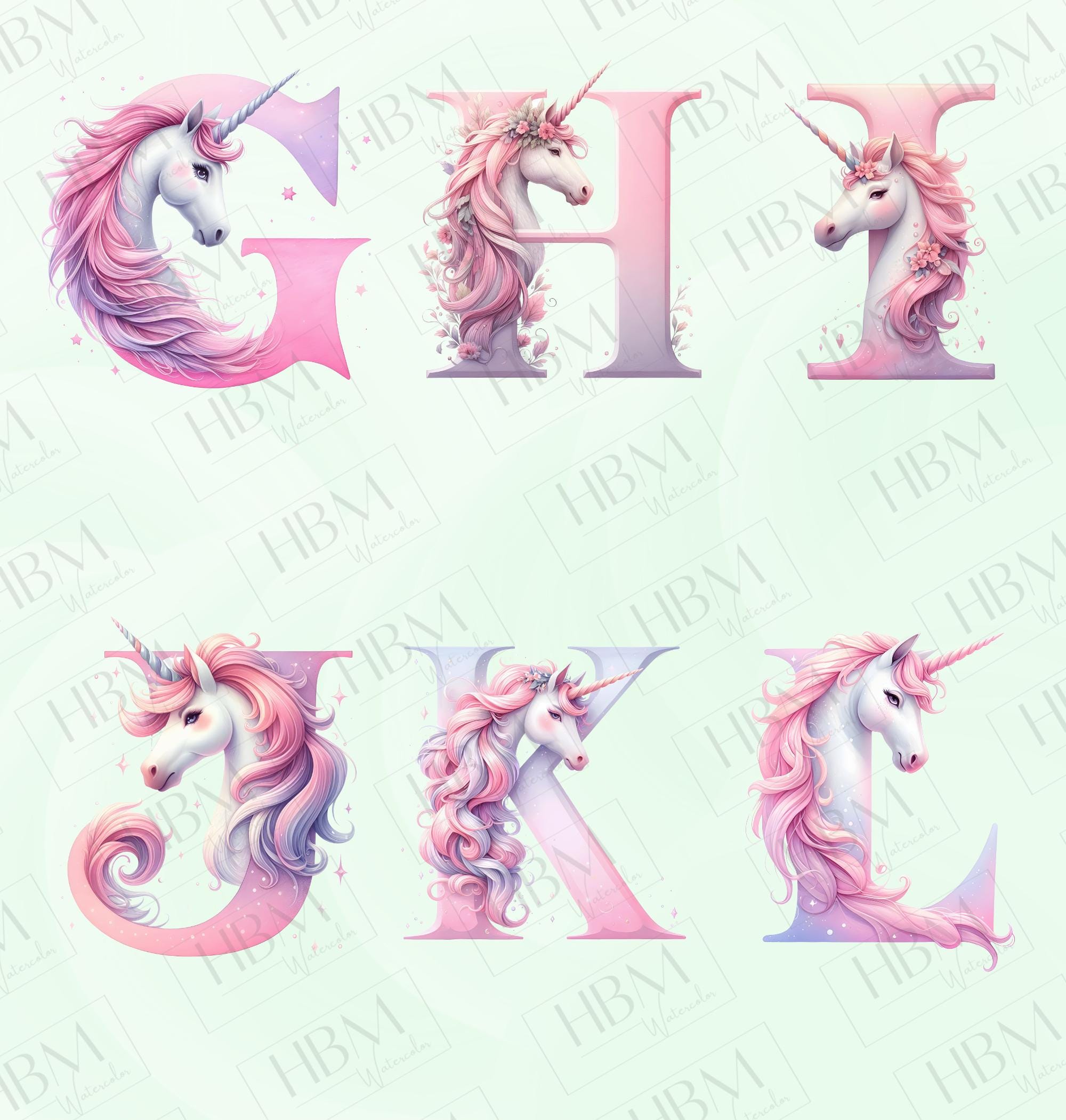 Watercolor Unicorn Alphabet Clipart Bundle, Whimsical Number Graphics ...