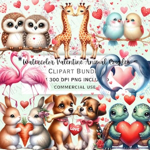 Lot de cliparts Couples animaux aquarelle Saint-Valentin, adorables Illustrations Pasel doux, mignons coeurs d'amour lunatiques PNG, usage Commercial