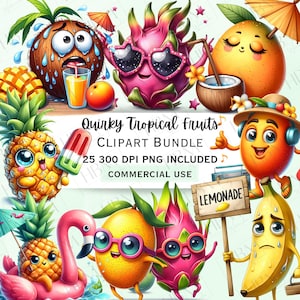 Paquete de imágenes prediseñadas de frutas tropicales peculiares, divertidos personajes de verano PNG, comida kawaii de acuarela, gráfico transparente, uso comercial