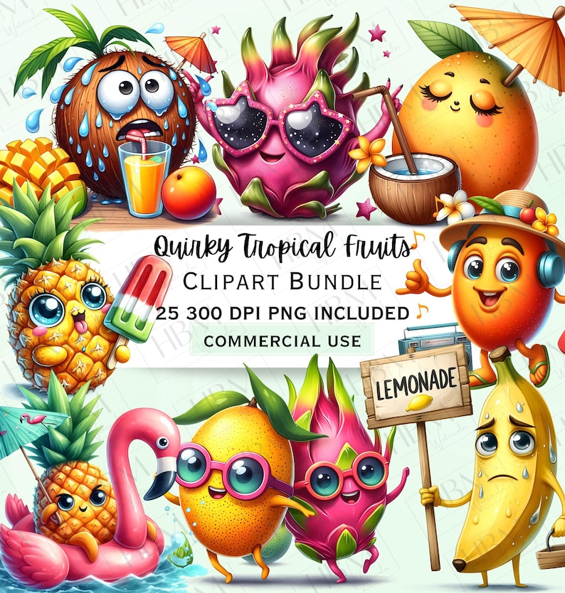 Quirky Tropical Fruit Clipart Bundle, Funny Summer Characters PNG ...