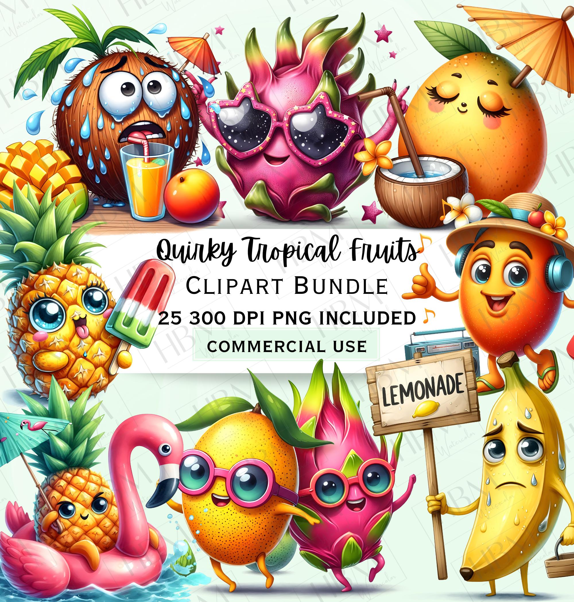 Quirky Tropical Fruit Clipart Bundle, Funny Summer Characters PNG