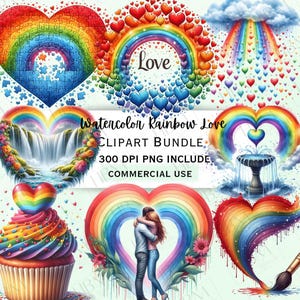 Aquarel regenboog liefde clipartbundel, kleurrijke boog graphics, magisch liefdeshart png voor uitnodigingen, levendige vlinders, commercieel gebruik