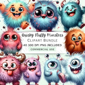 Flauschige Monster Clipart Bundle, schrullige Kawaii Kreaturen, flauschige PNG Charaktere, transparenter Hintergrund, kommerzielle Nutzung