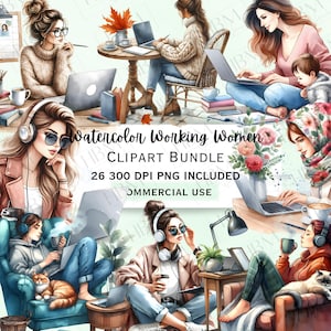 Aquarell Arbeiten Frauen Clipart Bundle, entfernte Arbeit Mädchen PNG, gemütliche Büro Grafik, Boss Lady Kunst, transparenter Hintergrund, kommerzielle Nutzung