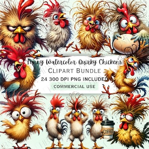 Paquete de imágenes prediseñadas de pollos divertidos y extravagantes, calcomanía de gallo divertida y caprichosa, personajes animales tontos PNG para invitaciones, uso comercial