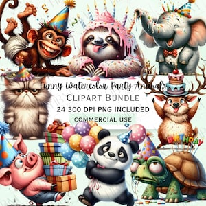 Bundle de cliparts drôles de fêtards aquarelles, autocollants originaux humoristiques, personnages fantaisistes idiots PNG pour invitations, usage Commercial