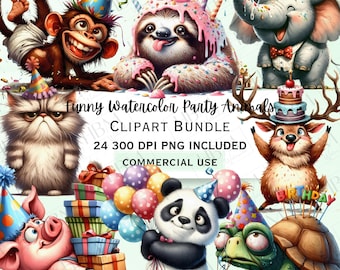 Funny watercolor Party Animals Clipart Bundle, Humorous Quirky Stickers, Silly Whimsical Characters PNG for Invitations, Commercial Use