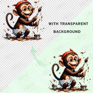 May include: A cartoon monkey with a red bandana and a white diaper is depicted holding paintbrushes and splattering brown paint. The image includes the text "WITH TRANSPARENT BACKGROUND".